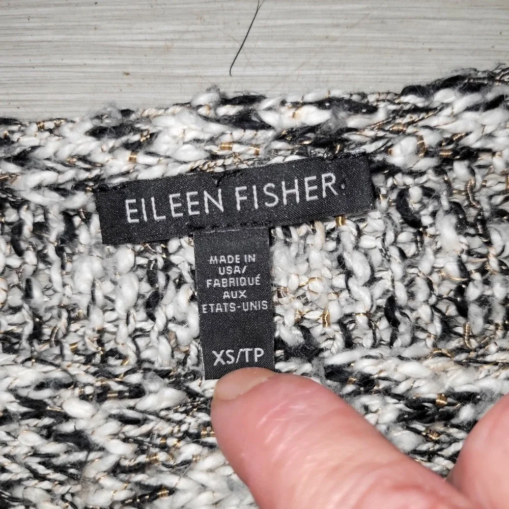 EILEEN FISHER Black White Gold Speckled Knit Sweater Top XS 3/4 Sleeve luxury‎